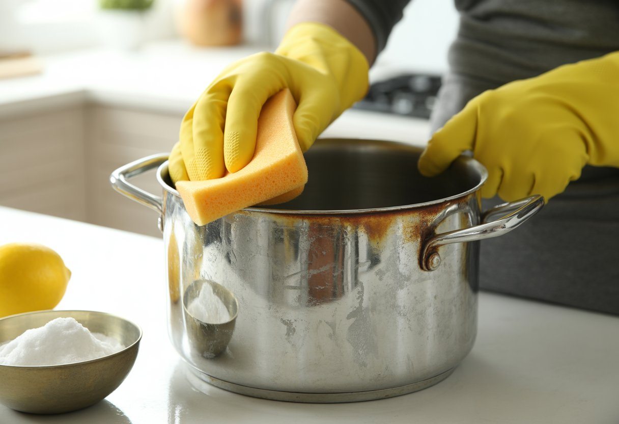 Mãos usando luvas amarelas limpando uma panela de alumínio oxidado com uma esponja em uma cozinha clara.