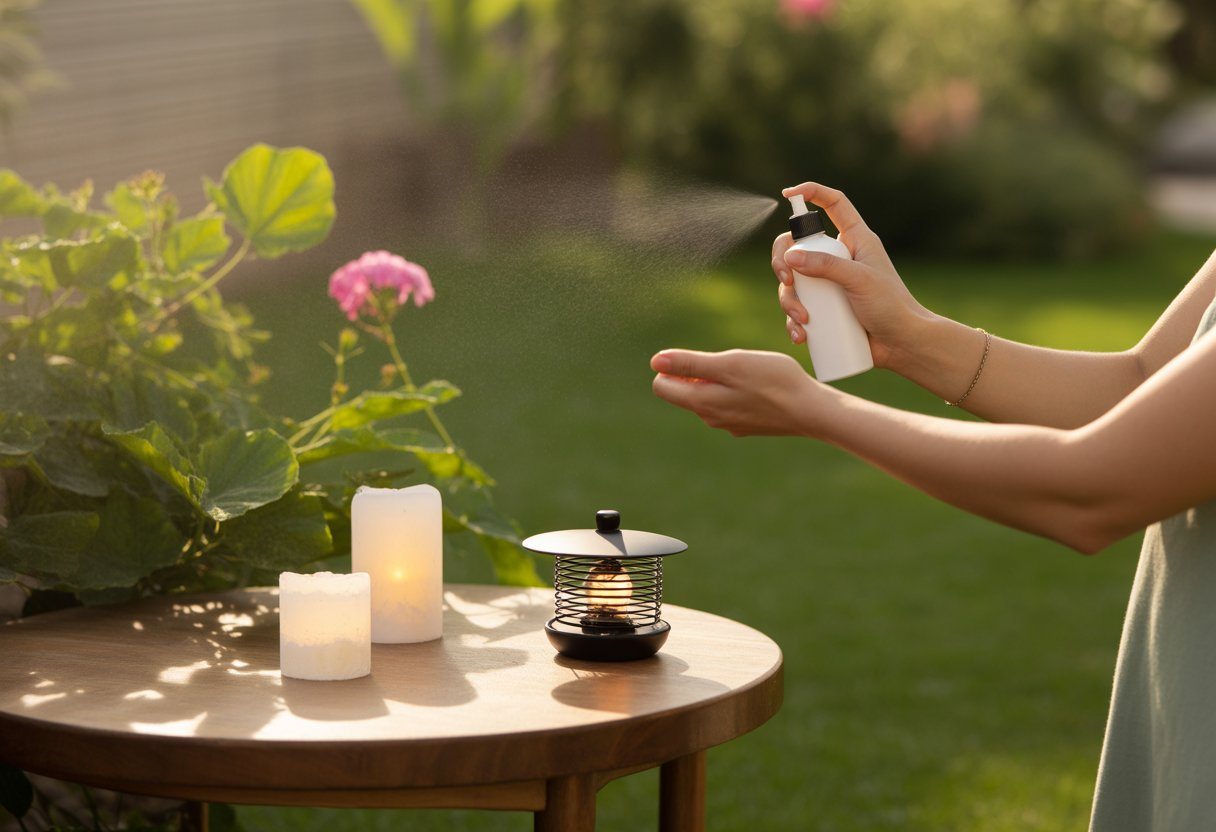 Pessoa aplicando repelente natural em um jardim com velas de citronela e armadilha para mosquitos ao redor.