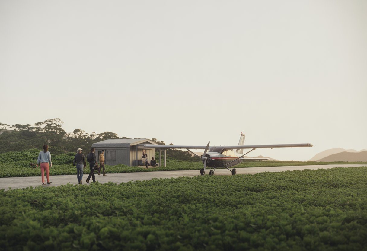Pequeno aeroporto com uma pista estreita, um avião pequeno estacionado e uma construção simples ao lado, cercado por vegetação verde e céu claro.