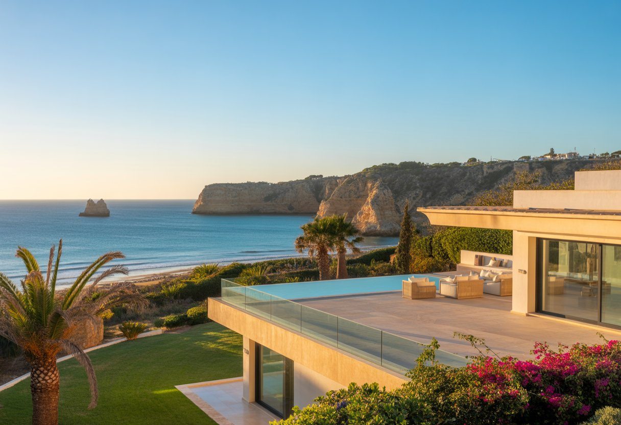 Uma villa moderna e luxuosa com jardim mediterrâneo e vista para o oceano Atlântico, com falésias ao fundo sob um céu claro ao entardecer.