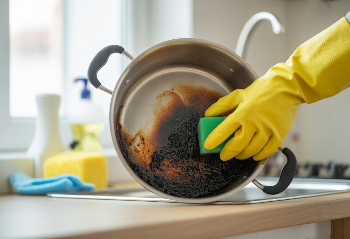 Mão com luva de borracha limpando o fundo queimado de uma panela com uma esponja na cozinha.