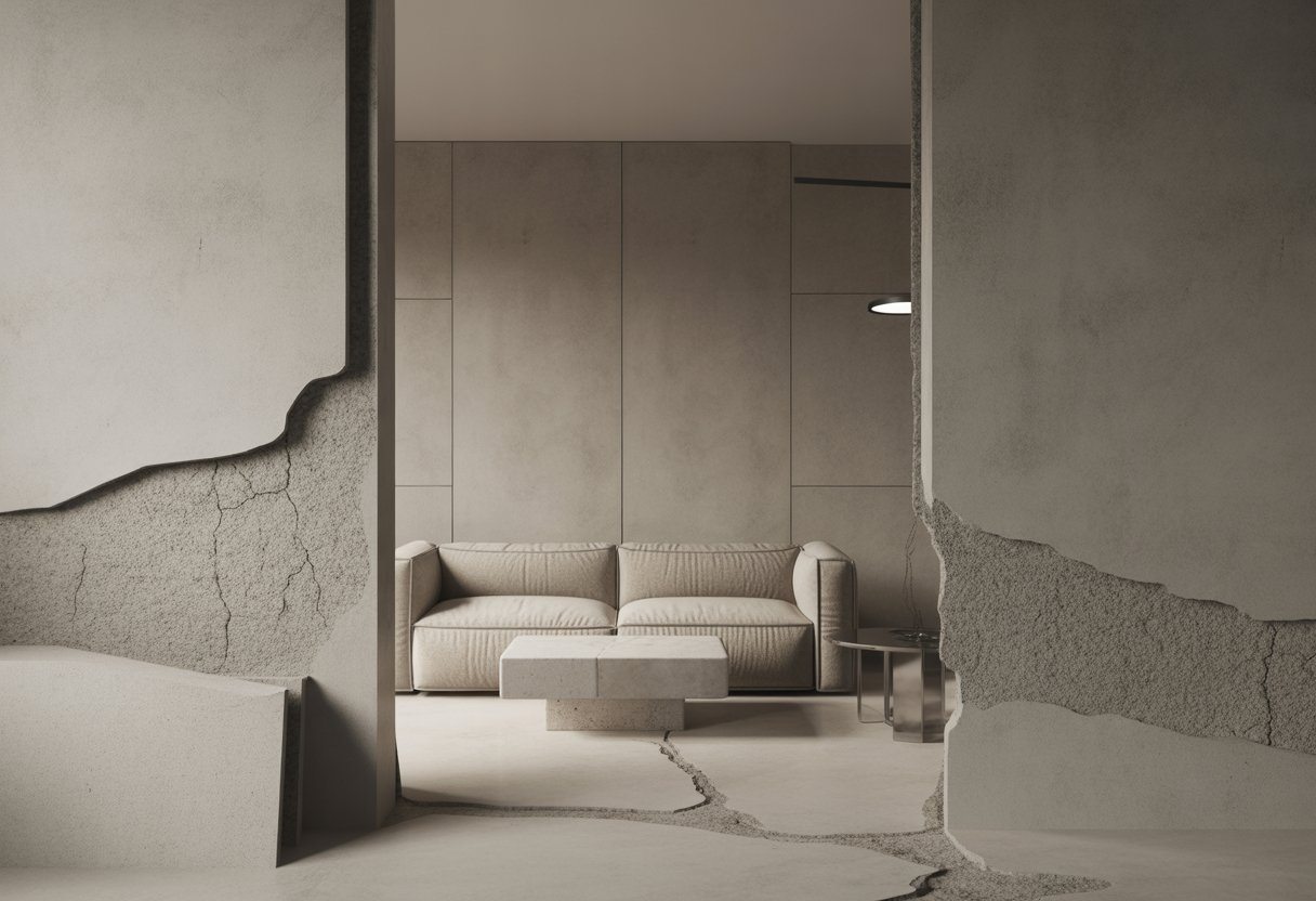 Sala moderna mostrando superfícies de microcimento com rachaduras, manchas e textura irregular.