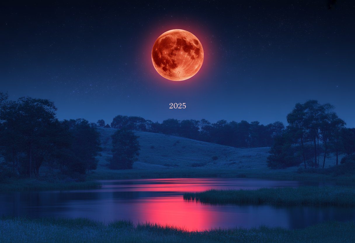 Lua vermelha brilhando no céu noturno sobre uma paisagem natural com água e árvores ao redor.