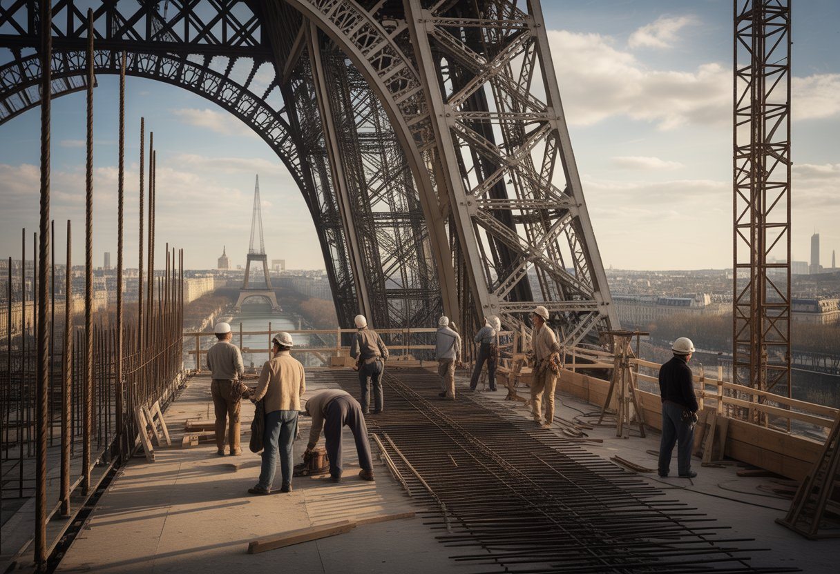 Trabalhadores construindo a Torre Eiffel em um canteiro de obras histórico com andaimes e ferramentas antigas.