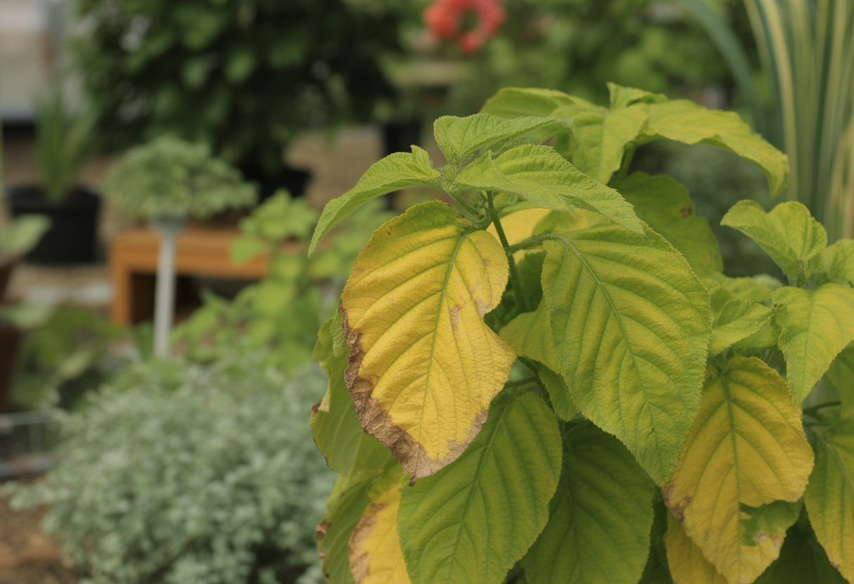Folhas de planta com partes amareladas em um jardim, mostrando sinais de saúde comprometida.