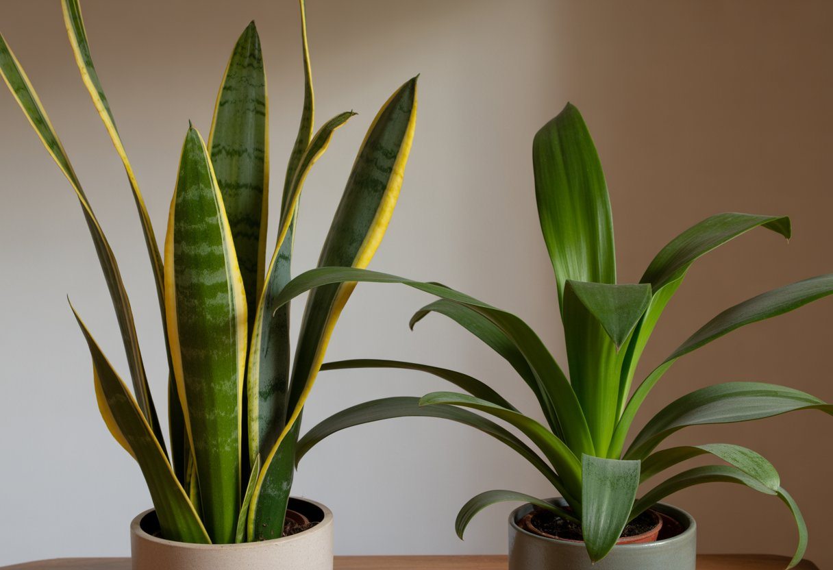 Duas plantas espada, Espada de São Jorge com folhas longas e pontiagudas com bordas amarelas, e Espada de Santa Bárbara com folhas mais largas e curvas, ambas em vasos ao lado uma da outra.