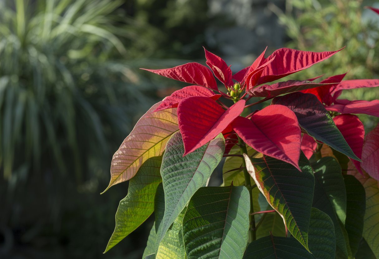 Planta de flor de natal com folhas vermelhas e verdes sob luz suave, em ambiente de jardim com sombra parcial.