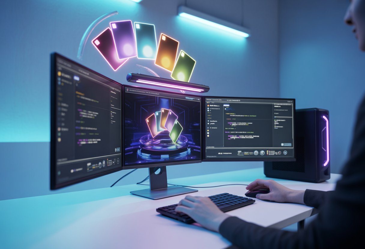 Um ambiente moderno com uma mesa de computador mostrando gráficos coloridos de um jogo digital, com luzes azuis e roxas e mãos interagindo com o teclado e mouse.
