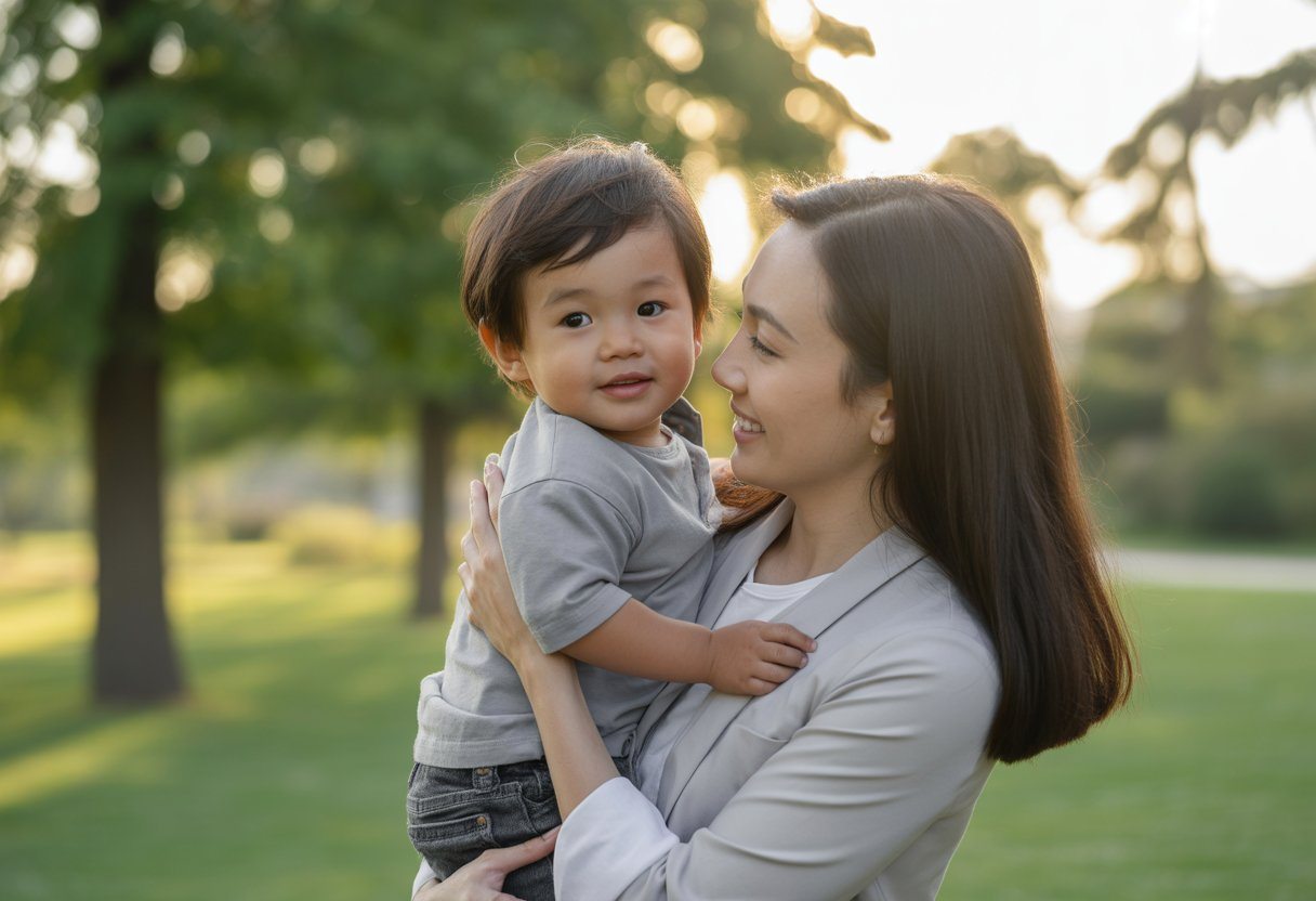 Mãe asiática segurando seu filho pequeno em um parque ao entardecer, ambos sorrindo e demonstrando afeto.