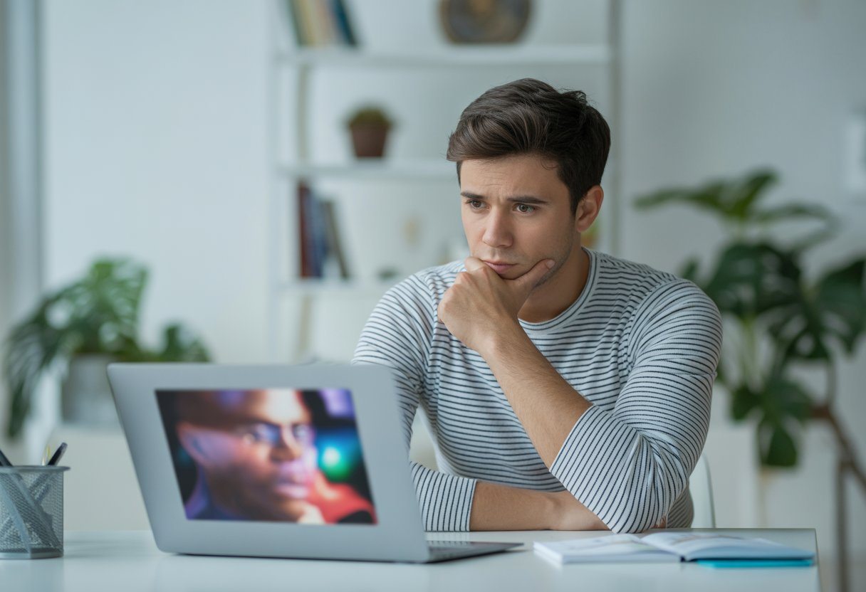 Homem jovem pensativo sentado em uma mesa moderna olhando para um laptop em um escritório bem iluminado.