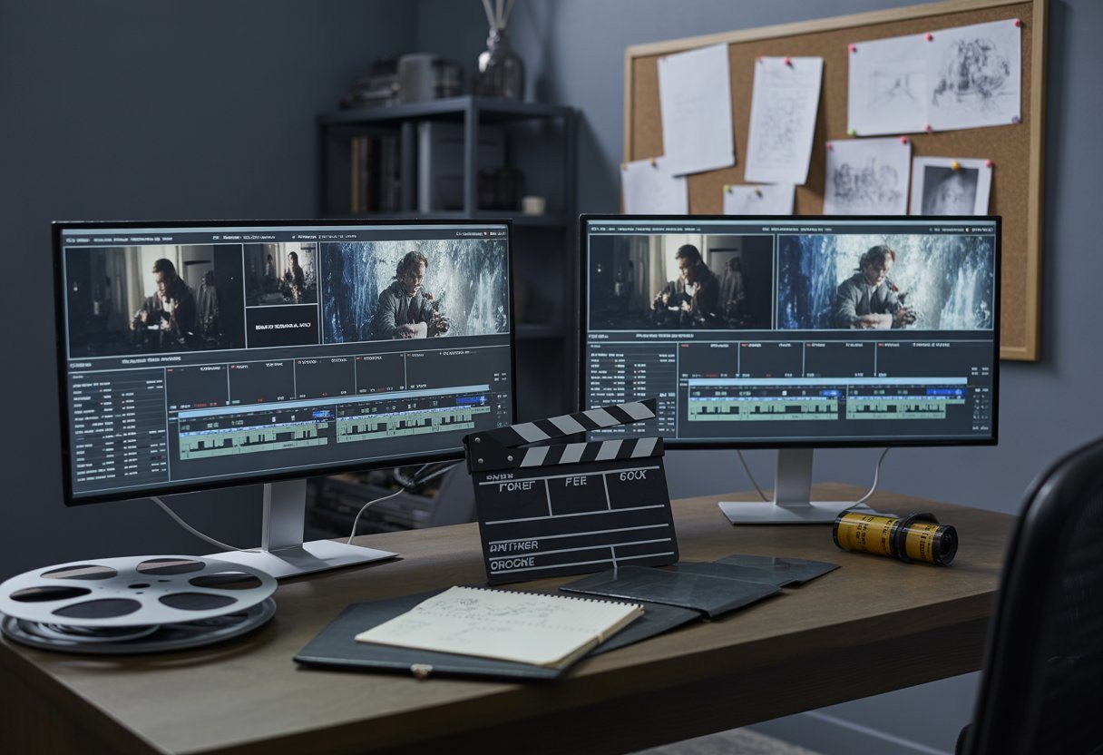 Um ambiente de trabalho de diretor de cinema com monitores, rolos de filme, quadro de anotações e uma claquete em cima da mesa.