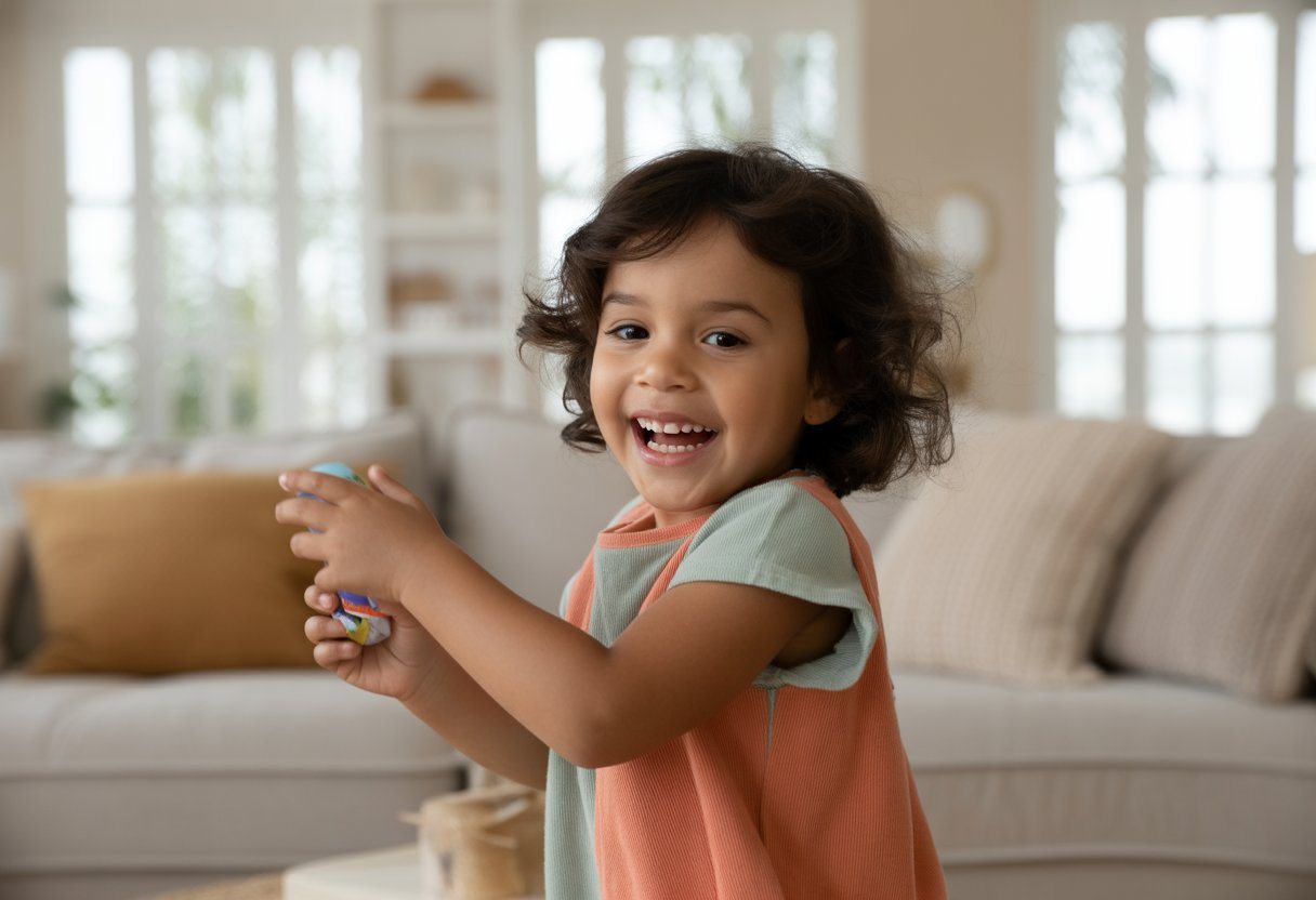 Menina jovem brincando em uma sala de estar iluminada pelo sol, sorrindo e segurando um brinquedo.