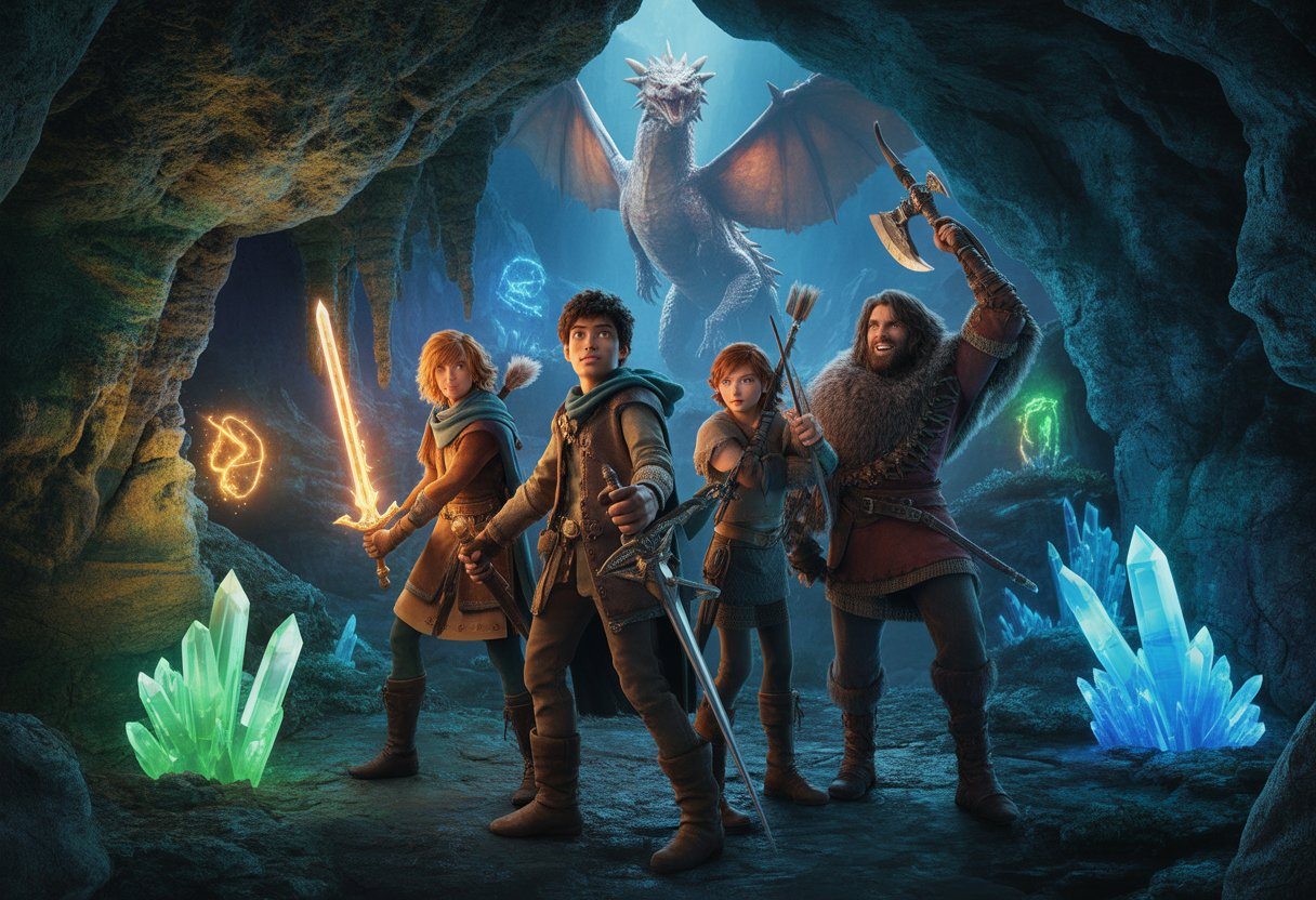 Um grupo de jovens aventureiros em uma caverna mística iluminada por cristais, com um grande dragão ao fundo observando-os.