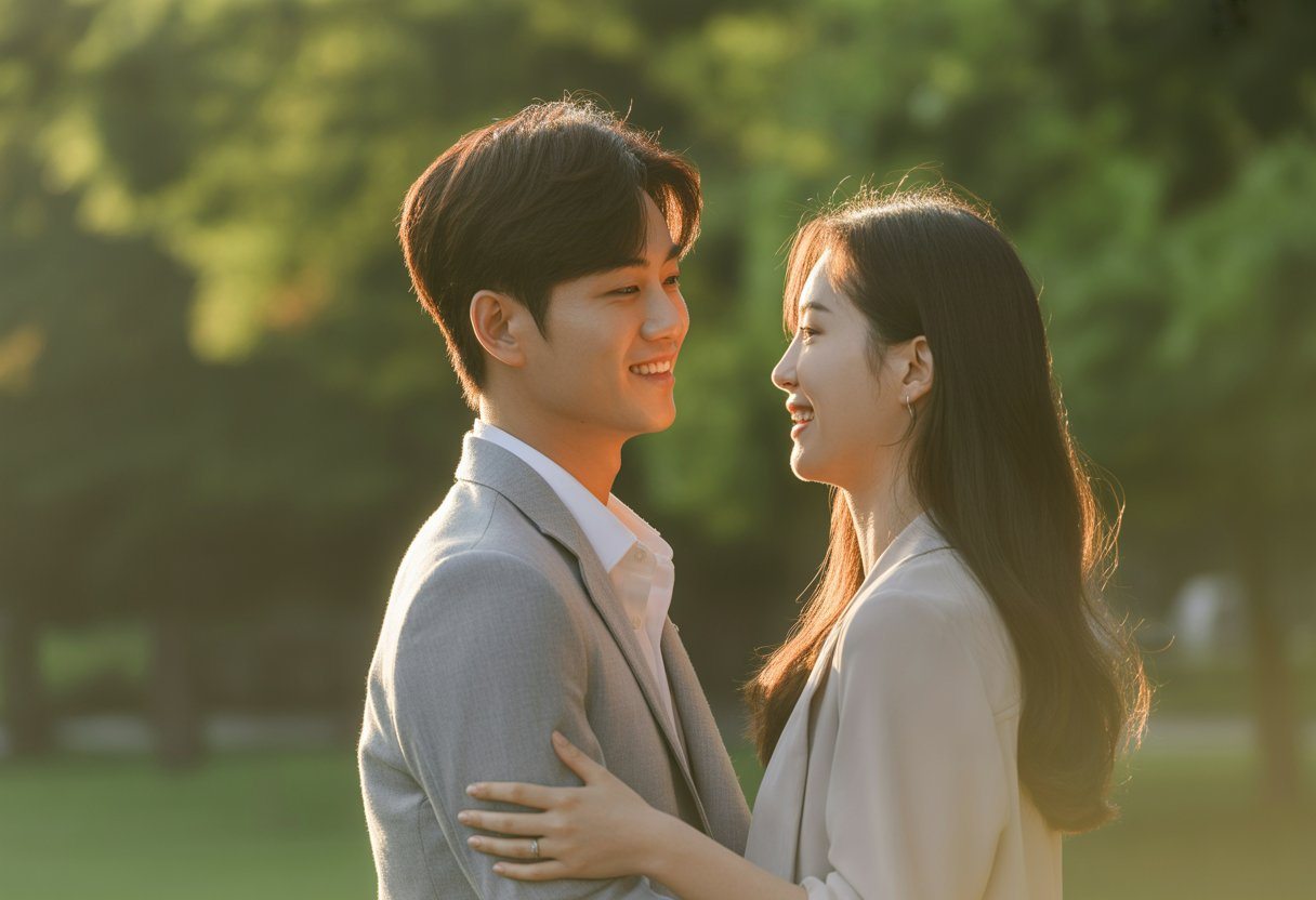Um jovem casal coreano sorrindo e olhando um para o outro em um parque ao pôr do sol.
