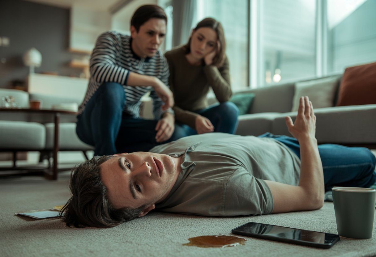Um jovem homem deitado no chão de uma sala moderna, com duas pessoas próximas demonstrando preocupação e tristeza.