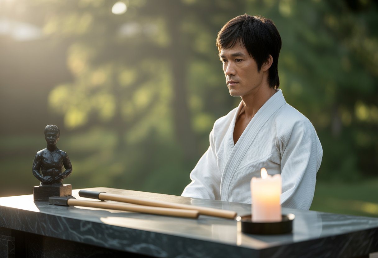 Altar tranquilo em homenagem a Bruce Lee com uniforme de artes marciais, nunchaku e vela acesa em ambiente ao ar livre.