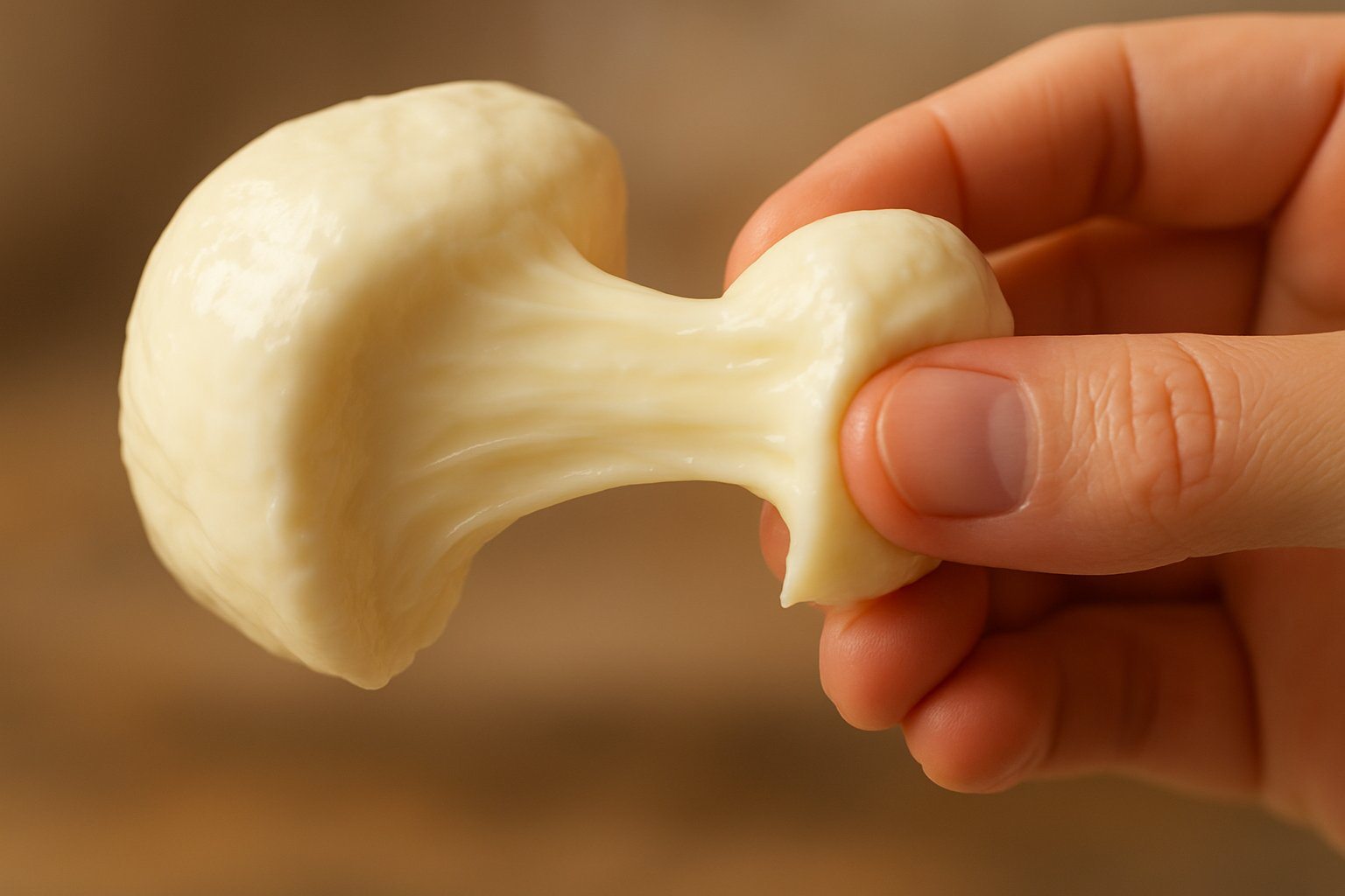 Mão segurando um pedaço de queijo cremoso e elástico se esticando.