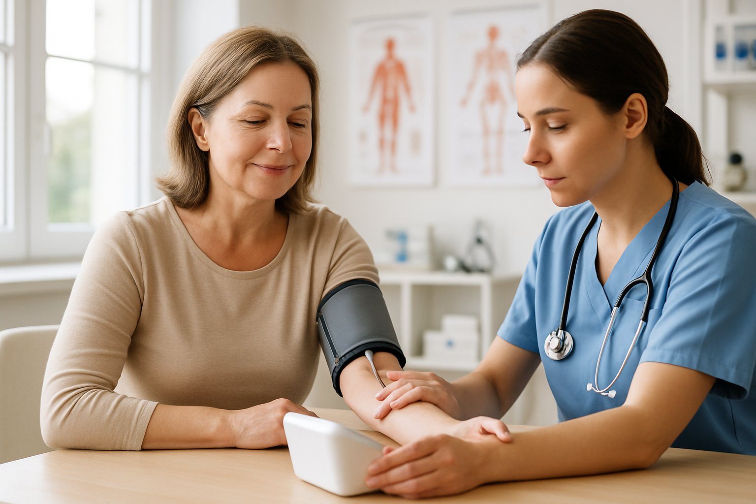 Mulher sentada enquanto uma profissional de saúde mede sua pressão arterial com um monitor digital em um consultório médico.