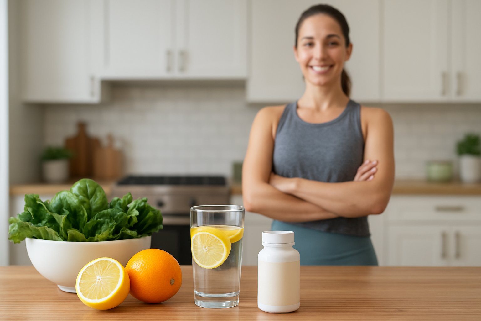 Mulher sorridente em uma cozinha moderna com ingredientes naturais e um frasco de suplemento sobre a bancada.