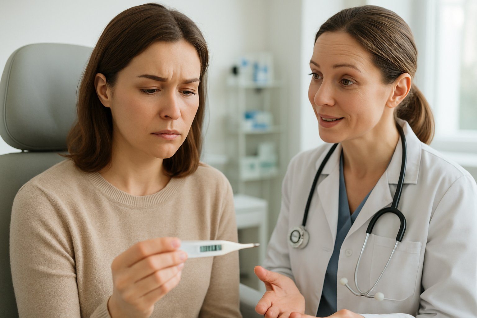 Mulher preocupada segurando um termômetro digital enquanto conversa com um profissional de saúde em uma clínica médica.