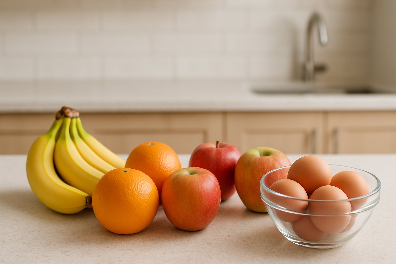 Frutas frescas e ovos crus dispostos sobre uma bancada de cozinha.