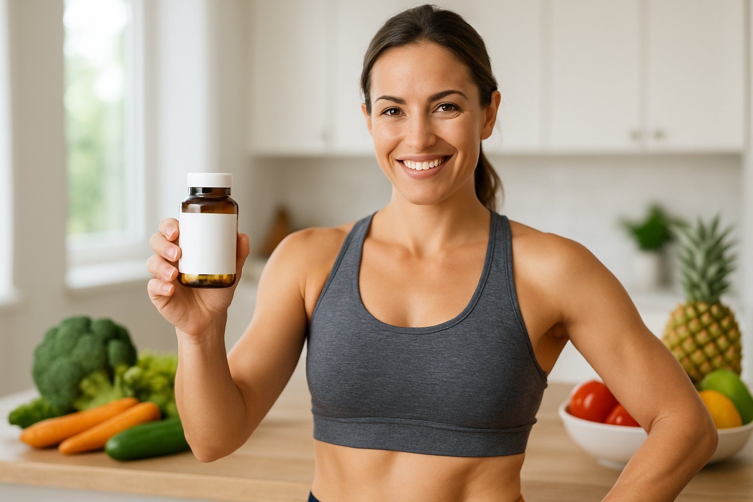 Mulher saudável e sorridente segurando um frasco de suplementos naturais em uma cozinha moderna com frutas frescas ao fundo.