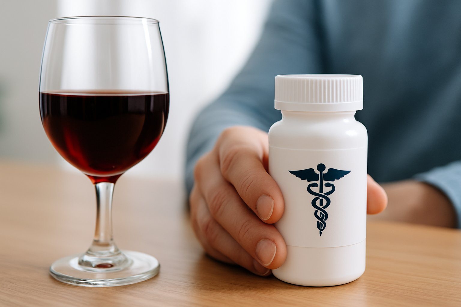Mão segurando um frasco de comprimidos ao lado de um copo de vinho tinto sobre uma mesa.