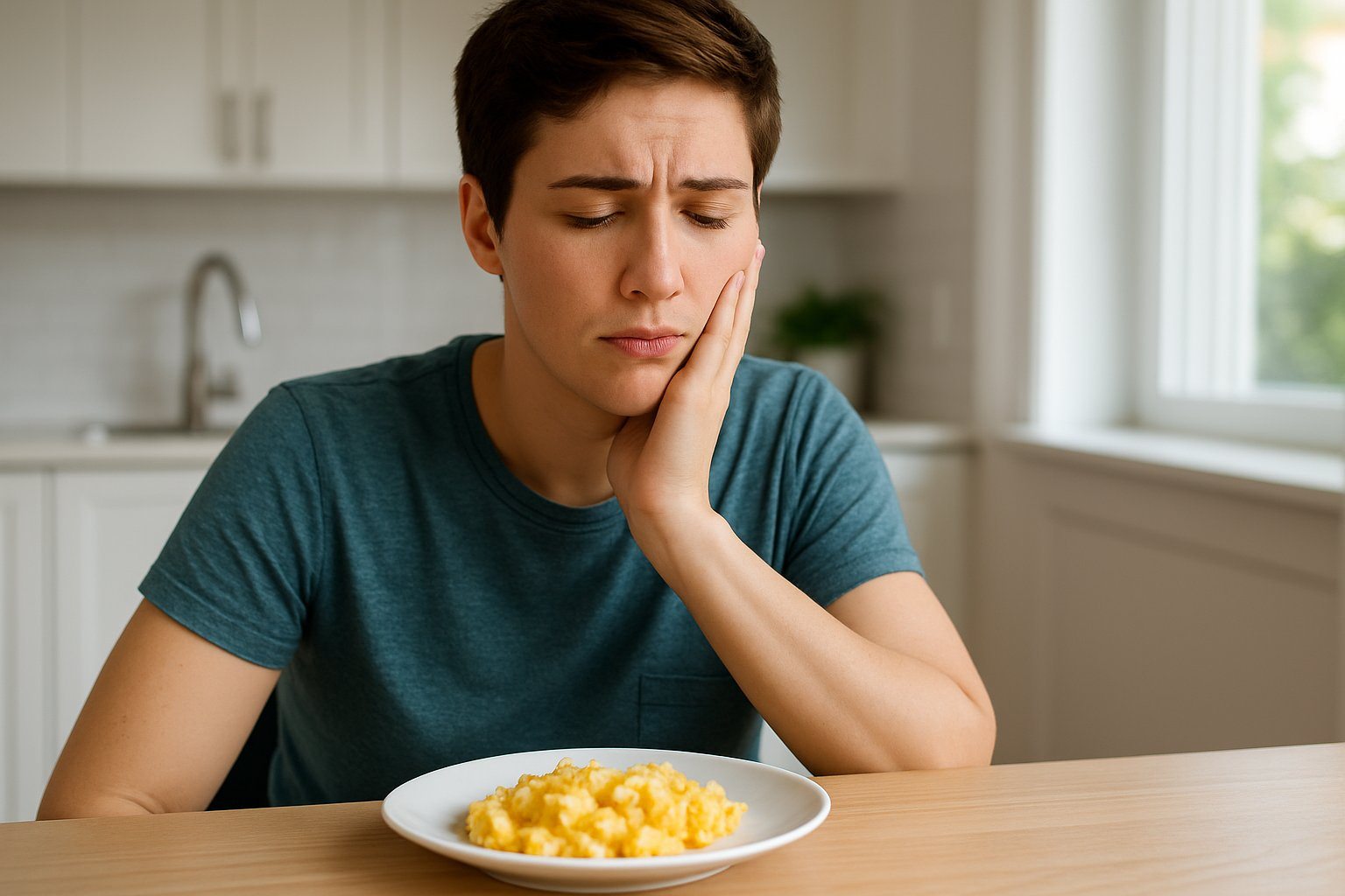 Pessoa jovem sentada à mesa da cozinha, olhando para um prato com ovo mexido, com a mão no rosto, parecendo refletir sobre alimentação após extração do siso.
