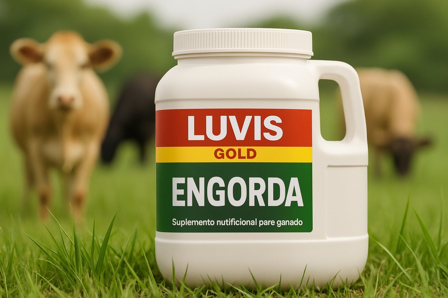 Embalagem de suplemento nutricional Luvis Gold Engorda com gado pastando ao fundo.