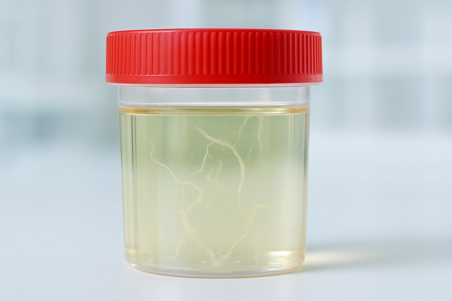 Frasco transparente com amostra de urina clara contendo filamentos de muco suspensos no líquido em ambiente de laboratório.