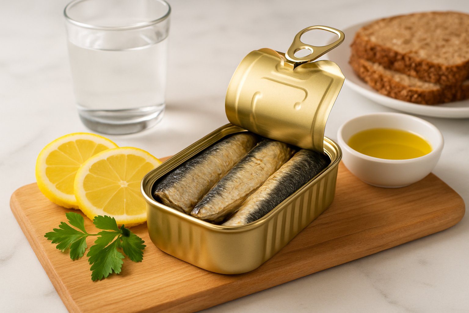 Lata aberta de sardinhas em uma tábua de madeira com fatias de limão e ervas ao redor, em uma cozinha bem iluminada.
