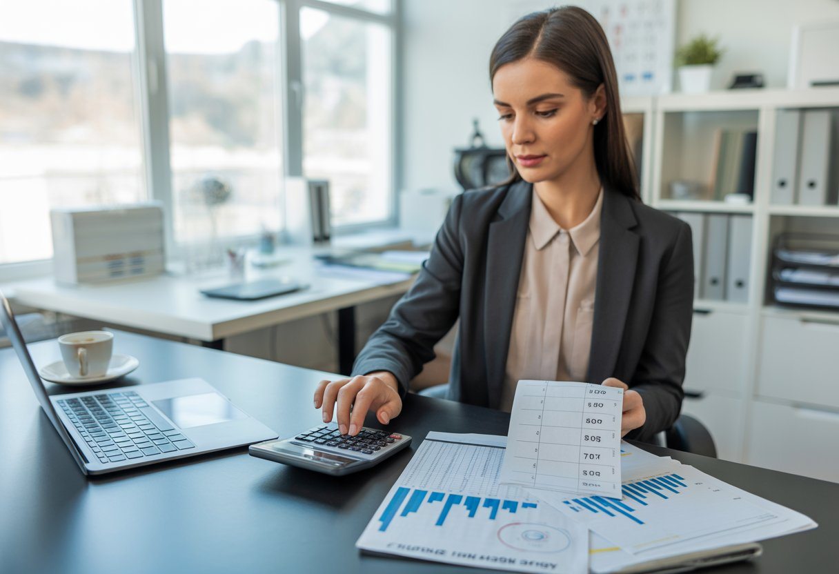 Mulher de negócios calculando finanças em uma mesa de escritório moderna com documentos e calculadora.