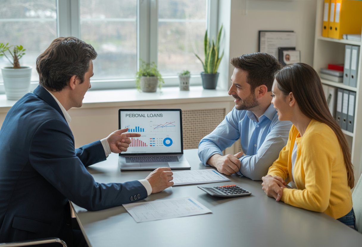 Um consultor financeiro explicando opções de empréstimo para um casal jovem em um escritório moderno.