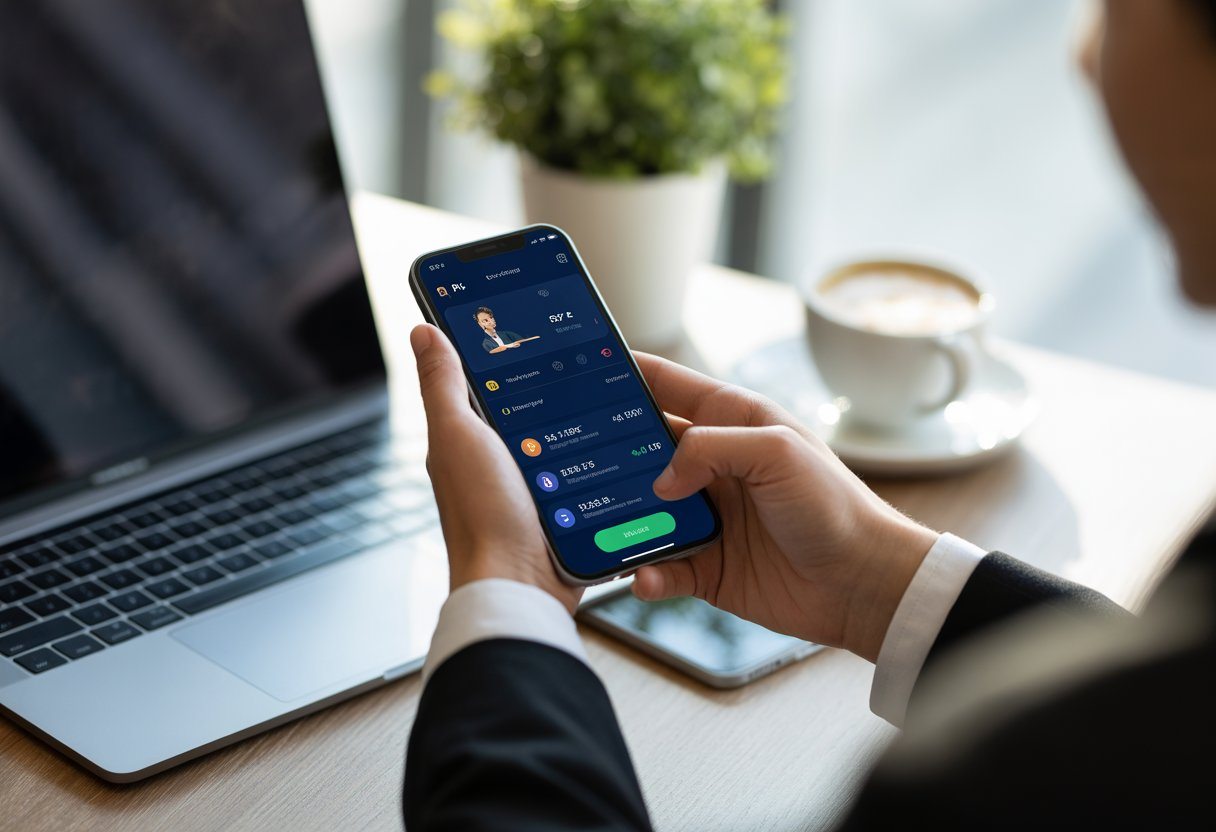 Pessoa usando smartphone para fazer uma transação financeira em um ambiente de trabalho moderno.