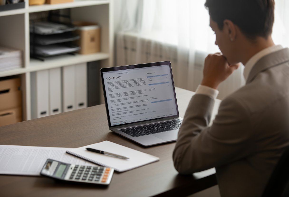 Pessoa sentada em uma mesa de escritório olhando para documentos financeiros no laptop, com calculadora e bloco de notas na mesa.