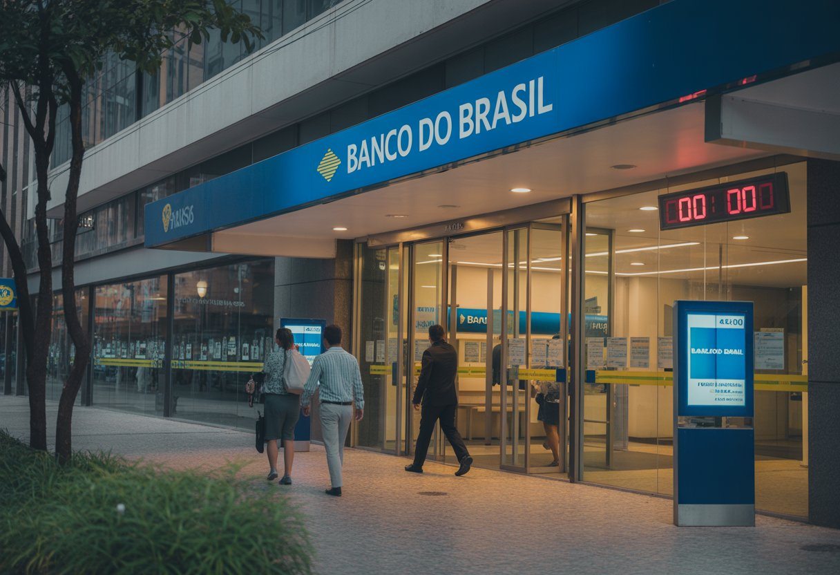 Fachada de uma agência do Banco do Brasil com pessoas entrando e saindo no final da tarde.