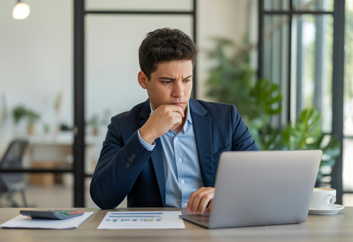 Homem brasileiro sentado em uma mesa de escritório olhando para o laptop, com documentos e uma calculadora na mesa.