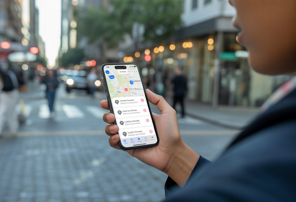 Pessoa segurando um smartphone com mapa aberto mostrando locais de casas lotéricas em uma rua urbana.