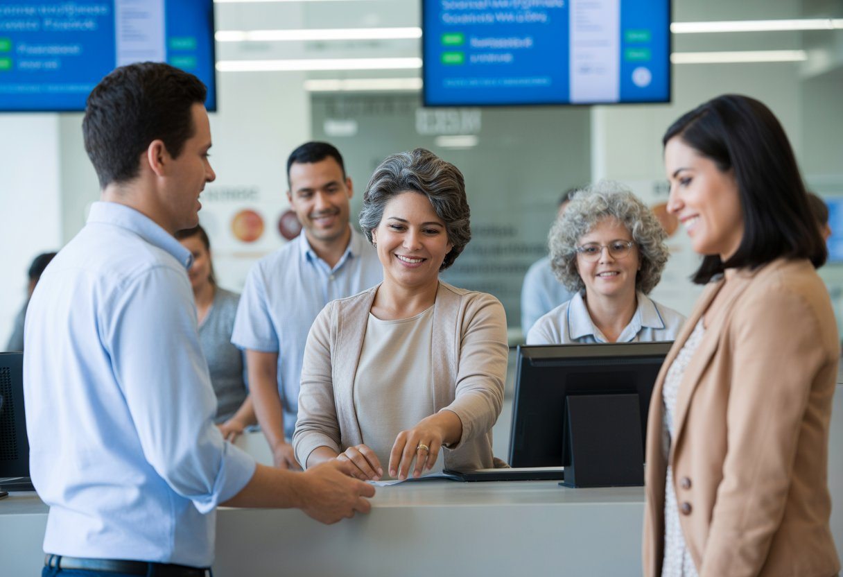 Pessoas em um banco moderno recebendo atendimento financeiro relacionado a benefícios sociais.
