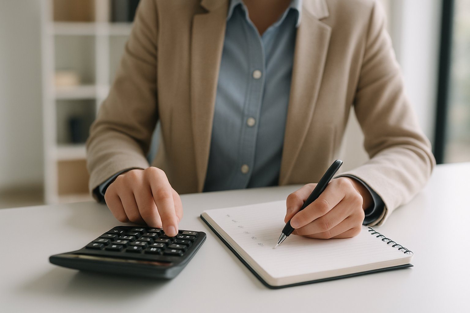 Pessoa calculando números em uma mesa com calculadora e caderno em ambiente de escritório.