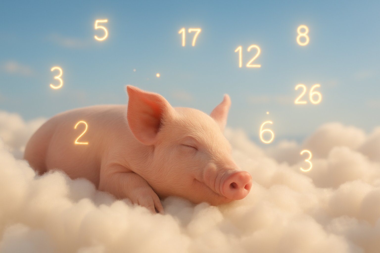 Porco rosa descansando em nuvens brancas com números dourados flutuando ao redor, simbolizando sorte.