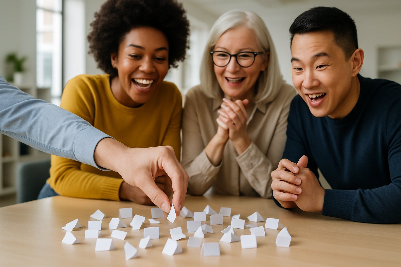 Pessoas reunidas ao redor de uma mesa realizando um sorteio com vários papéis dobrados.