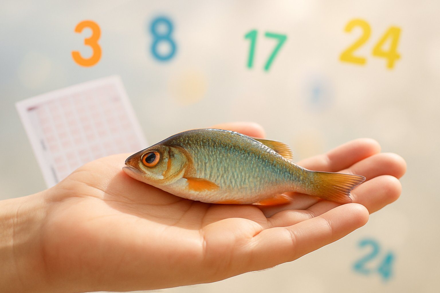Mão segurando um peixe vibrante com bilhetes de loteria desfocados ao fundo, simbolizando sorte e sonhos.