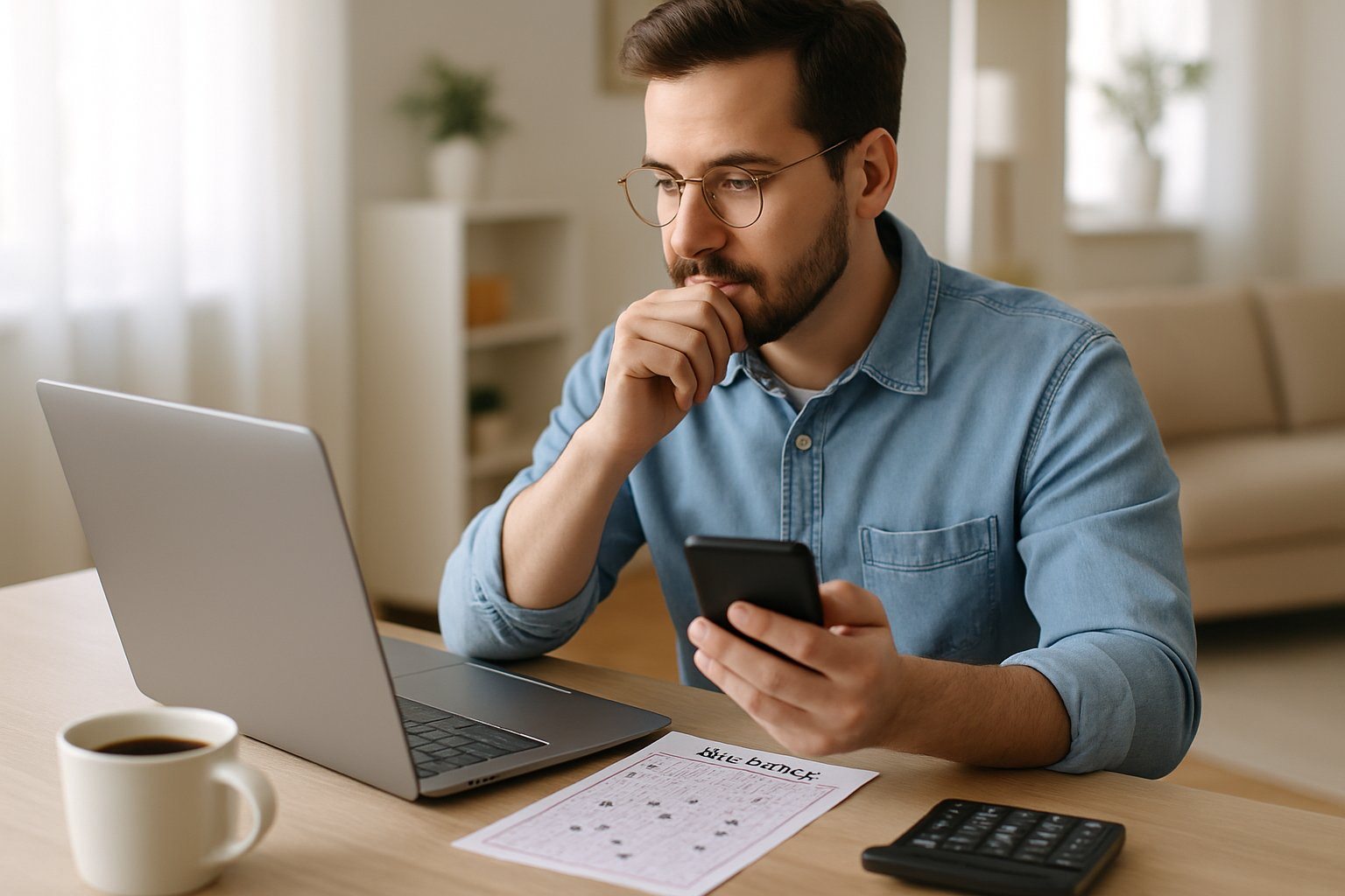 Pessoa conferindo resultados da loteria em um smartphone enquanto segura um bilhete de loteria em uma mesa com uma calculadora e uma xícara de café.