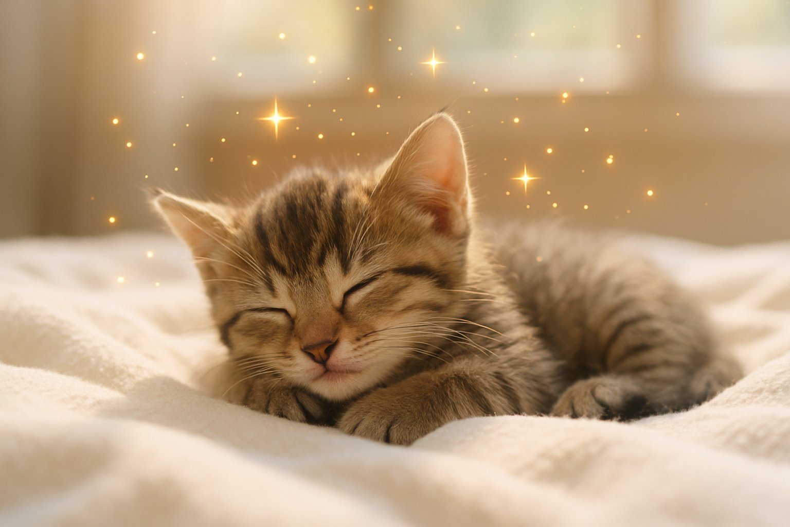 Um filhote de gato pequeno dormindo tranquilamente sobre um cobertor branco, com luz natural suave iluminando a cena.