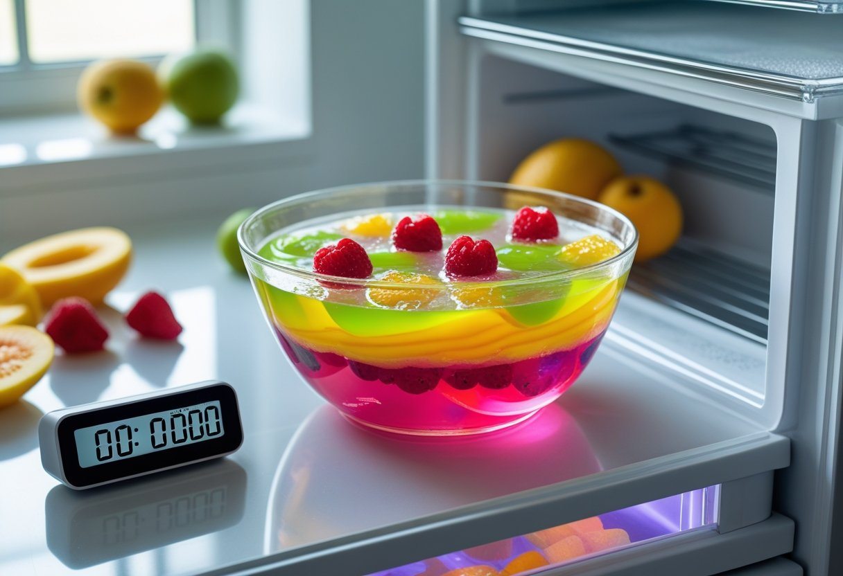 Bowl de gelatina colorida na bancada da cozinha com um timer digital ao lado, mostrando o processo de preparo.