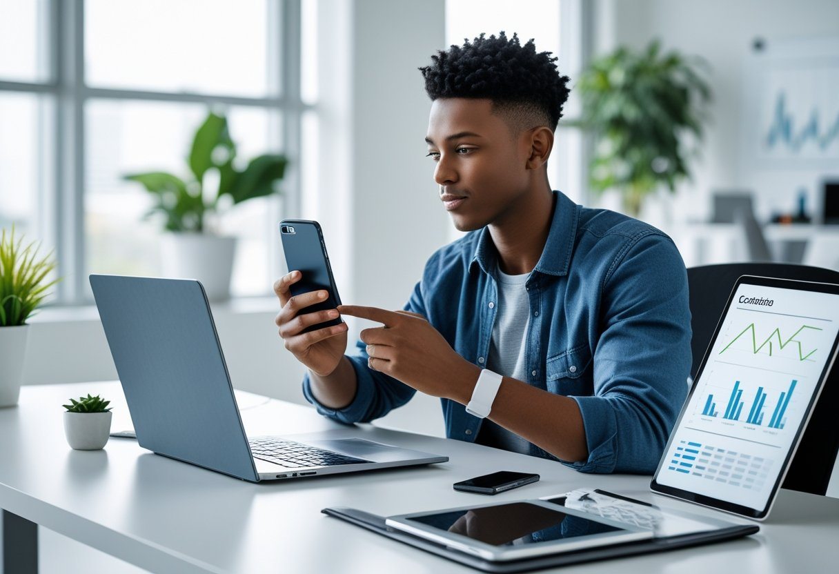 Pessoa sentada em uma mesa de escritório moderna, usando vários dispositivos eletrônicos ao mesmo tempo, demonstrando multitarefa.