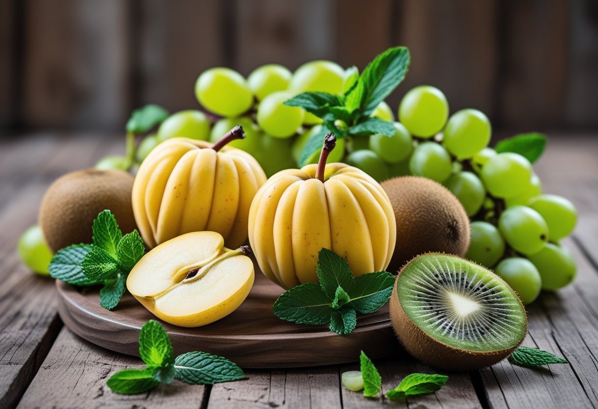 Frutas frescas incluindo marmelos amarelos dispostos sobre uma mesa de madeira rústica, com uvas verdes e folhas de hortelã ao redor.