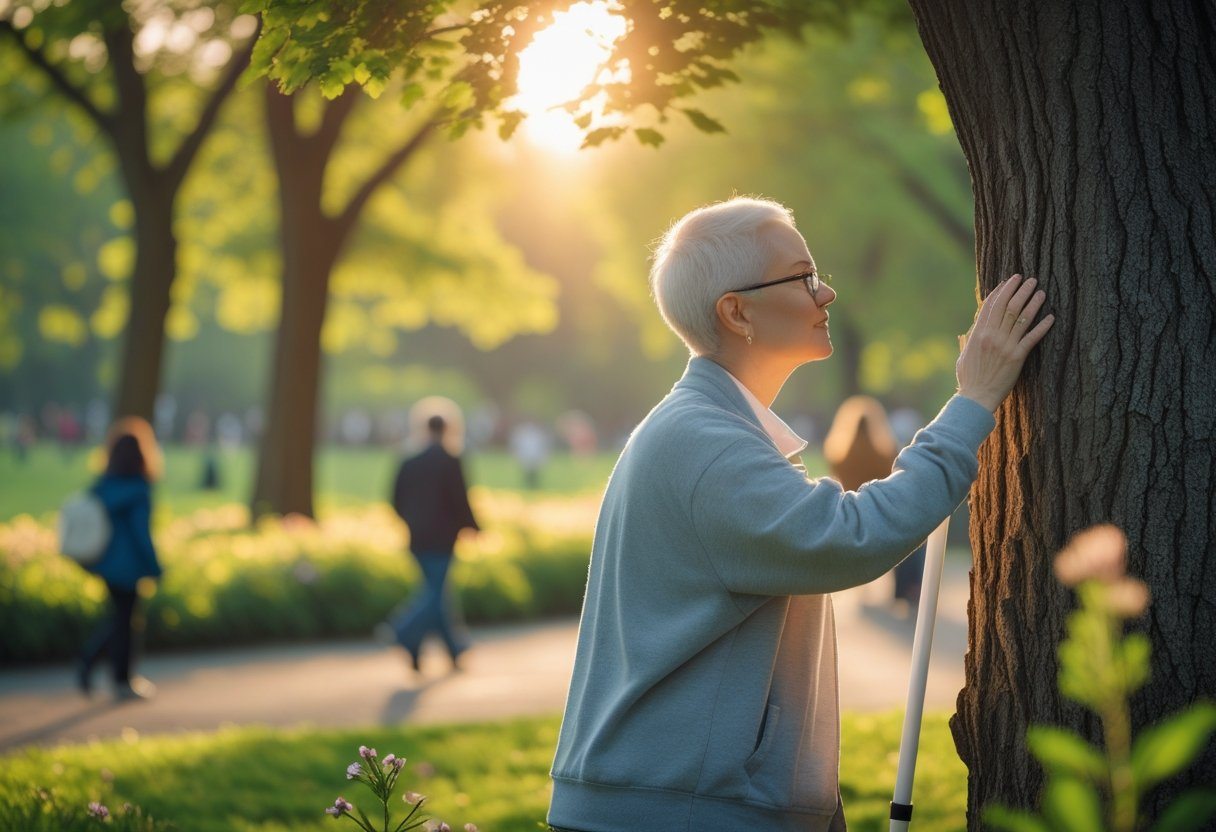 Pessoa cega usando bengala branca tocando a casca de uma árvore em um parque ensolarado.