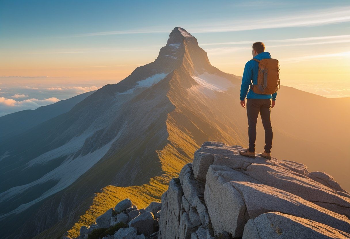 Pessoa em uma montanha olhando para o horizonte durante o nascer do sol, simbolizando conquista e determinação.
